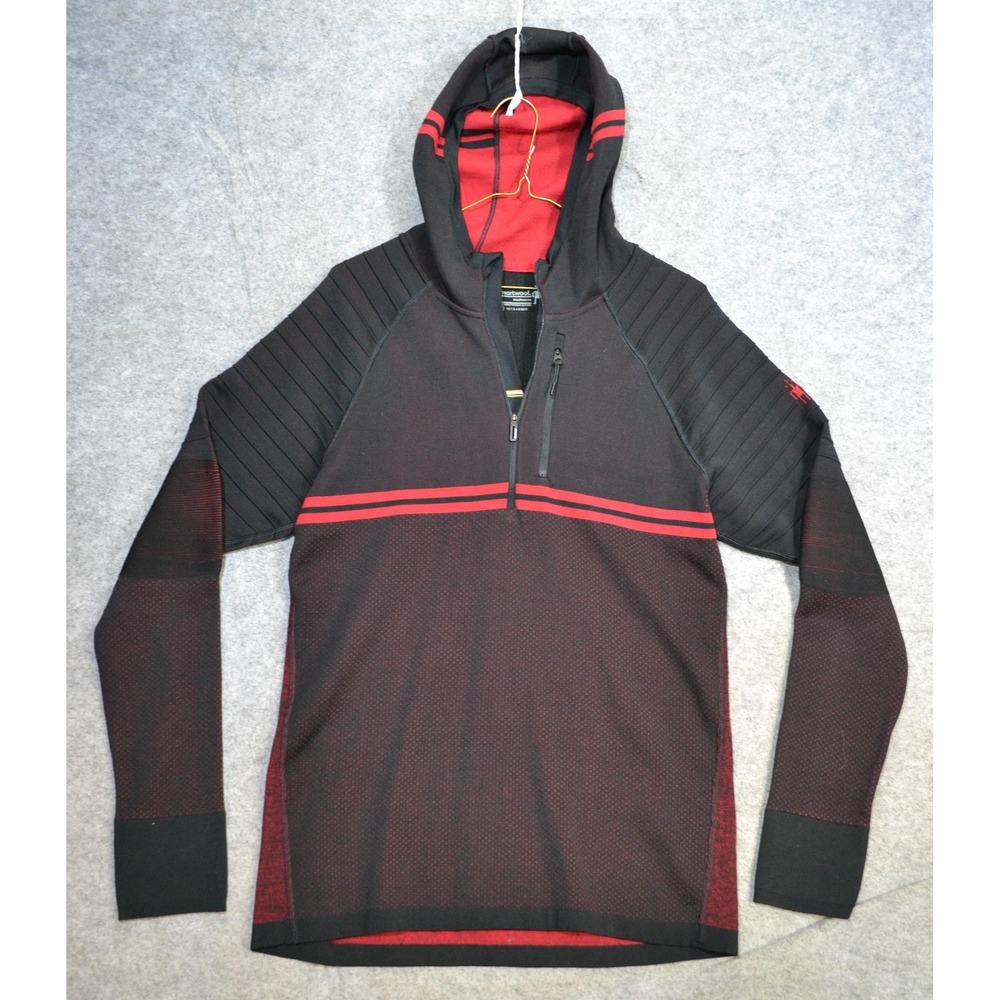 Smartwool Hoodie Mens M Black Red Intraknit 1/4 Zip Striped Pullover Merino